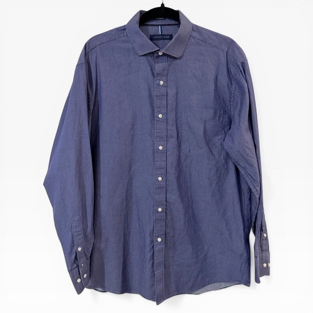 Tommy Hilfiger Men's Shirt Regular Fit Blue Button Up Long Sleeve Size L 16-16.5